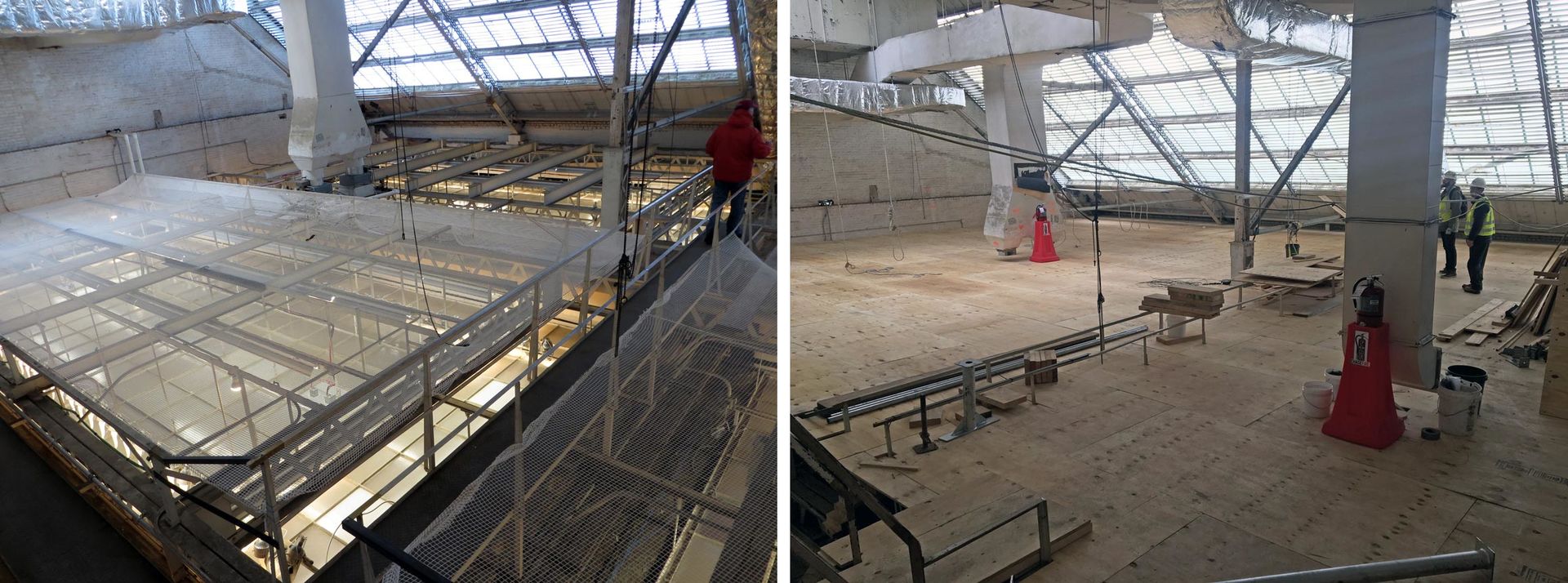 Two views of attic space above The Met's European Paintings galleries during extensive construction activity