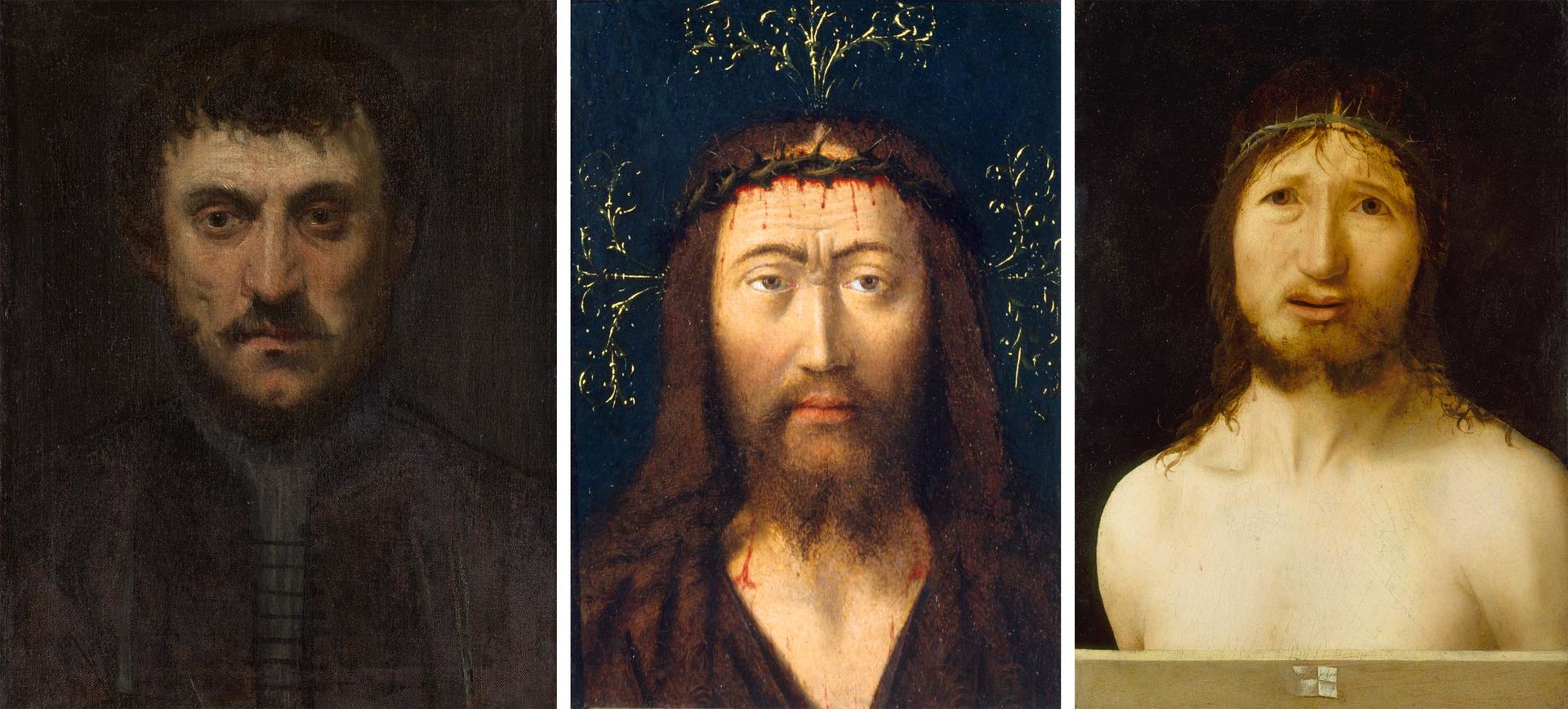 Three portraits of men looking directly at the viewer by Jacopo Tintoretto (left), Petrus Christus (center), and Antonello da Messina (right)