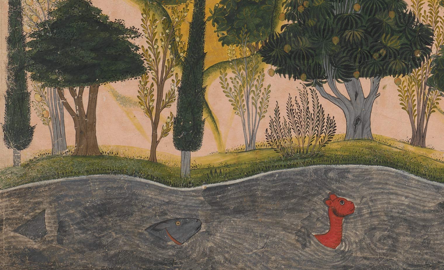 Detail of painting showing two animal heads sticking out of the river with trees on the riverbank