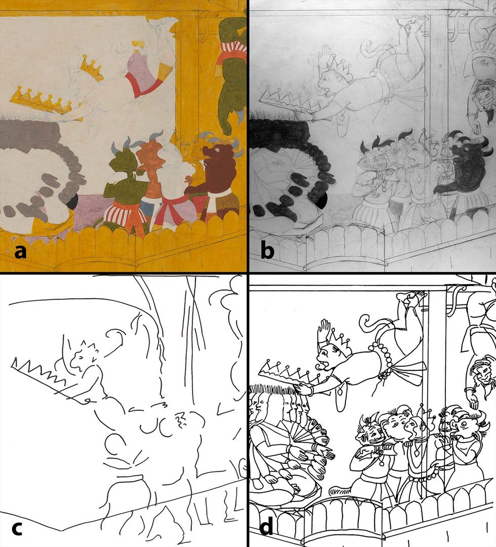 A detail of a painting shown in four stages: the painting itself followed by three black-and-white conservation photos