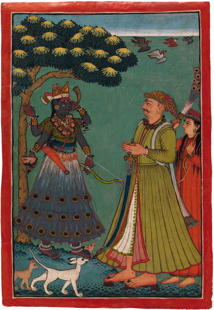 Painting of Raja Sidha gazing at a dark-skinned, four-armed Durga wearing a skirt of peacock feathers