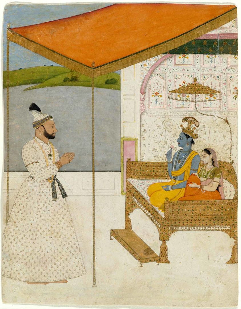 Raja Balwant gazing at blue Krishna and Radha on a golden seat beneath a canopy