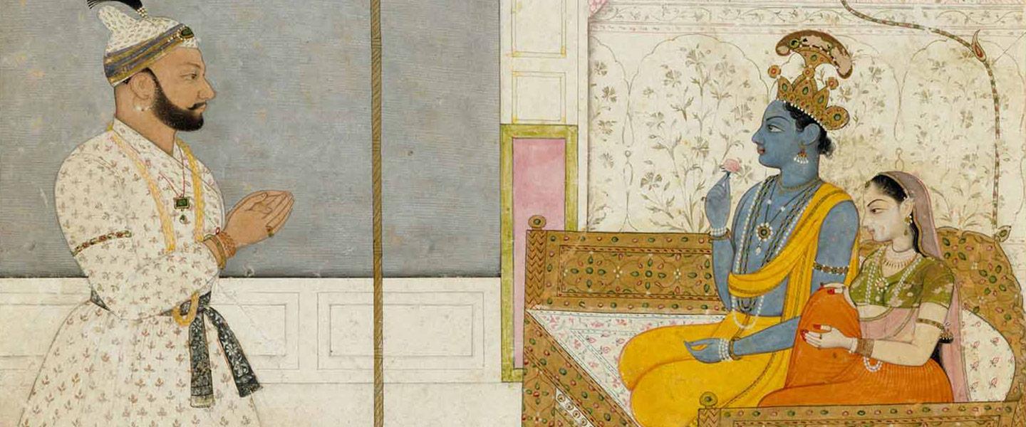 A man in a white robe with a black beard gazes at Krishna and Radha seated on a golden seat beneath an orange canopy