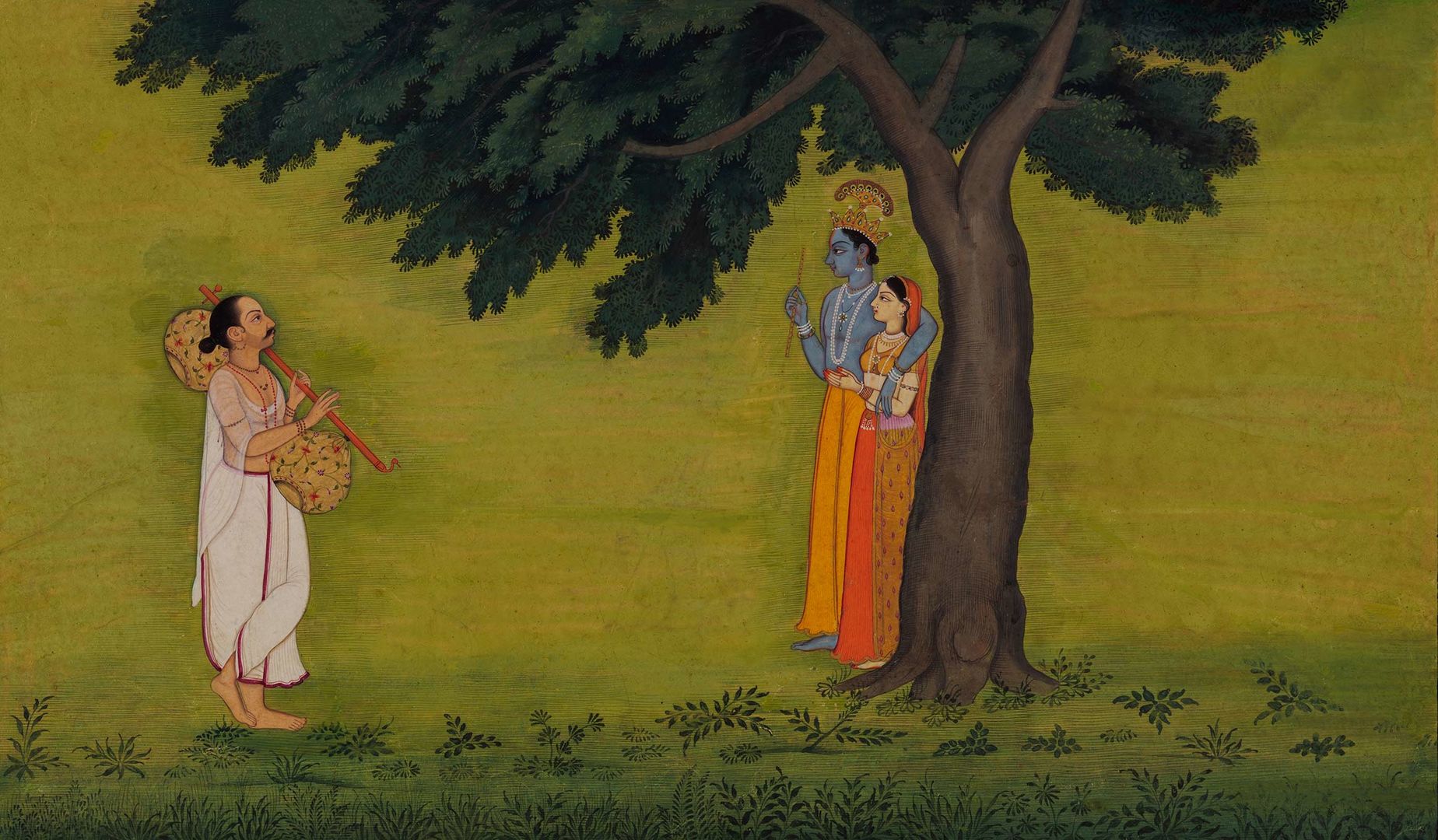 The poet Jayadeva gazes at Krishna and Radha as they stand in the shade of a big tree