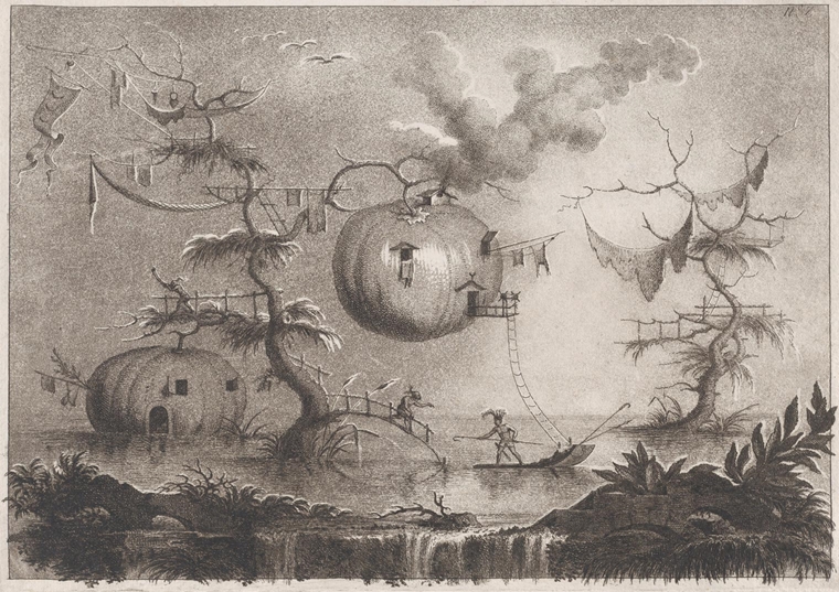 Etching and aquatint by Filippo Morghen, 1766-67, pumkins used as dwellings on the moon