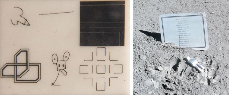 Left: Black and white lithograph of four linear abstract drawings and a mouse-like figure by 20th century artists; Right: Color photograph of Paul van Hoeydonk's "Fallen Astronaut" sculpture on the Lunar surface, 1971