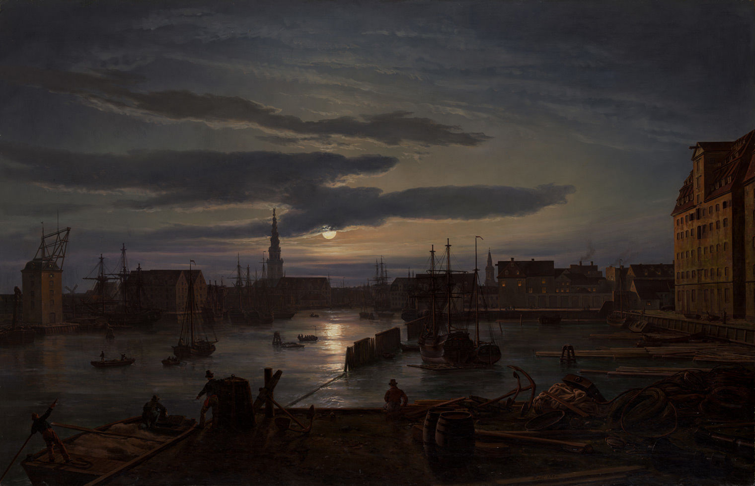 A painting of a moonlit view of a harbor with wooden boats being unloaded on docks