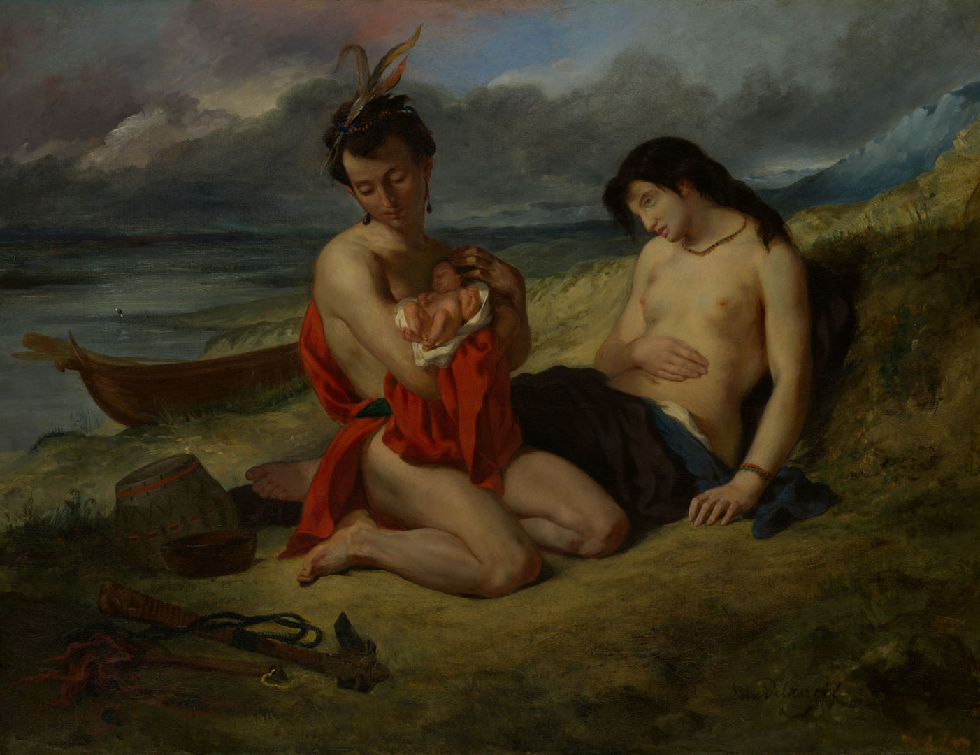 A painting of an Indigenous man holding a child while his wife dies, nearby