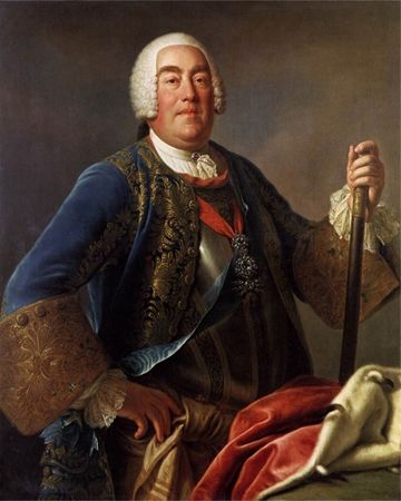 A painting of a large man with a white wig, wearing a blue coat with a large bejeweled medal