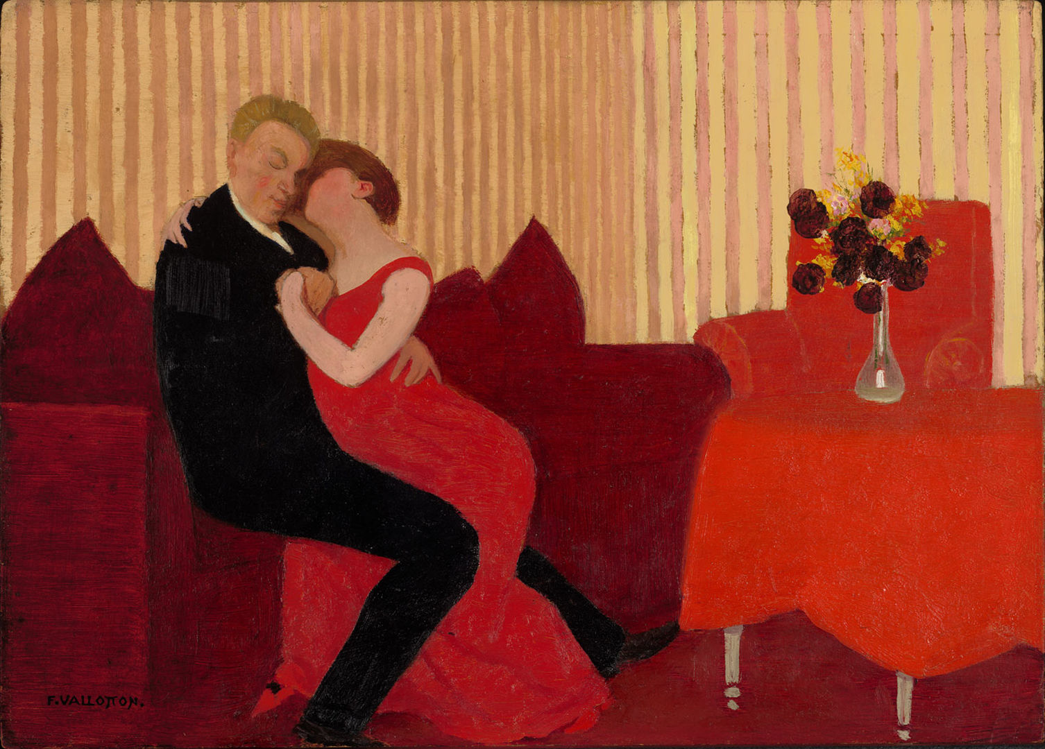 A red painting of a man and woman cuddling on a couch near a dining table