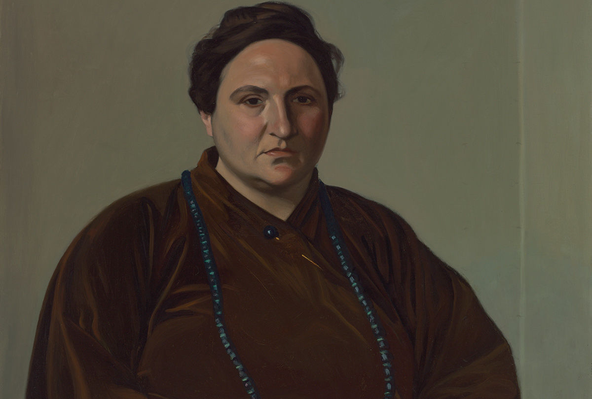 A realistic portrait of Gertrude Stein, a large woman seated with her hands in her lap, wearing a brown dress and a pin