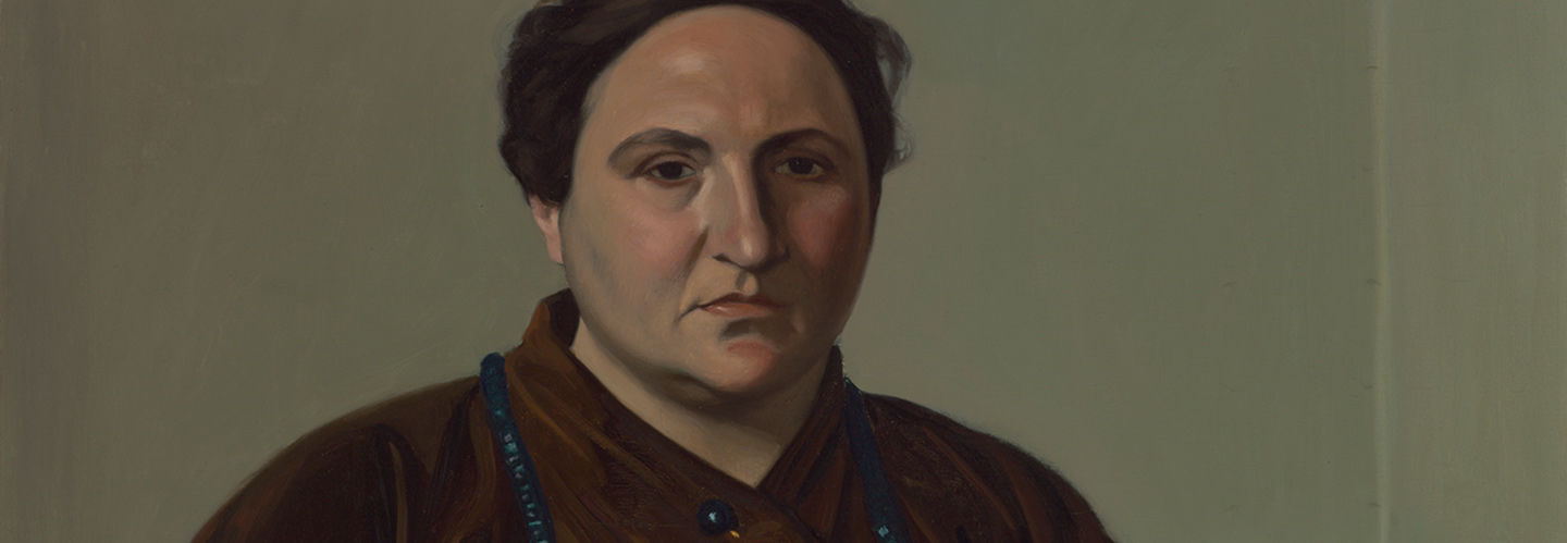 A realistic portrait of Gertrude Stein, a large woman seated with her hands in her lap, wearing a brown dress and a pin