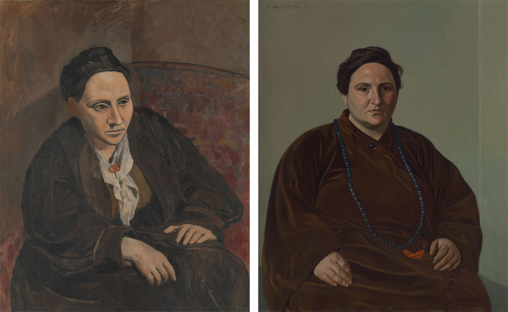 Two portraits of Gertrude Stein: at left, by Pablo Picasso, the poet is leaning forward with her hands on her knees, with bright lighting and powerful brushwork. At right, by Felix Vallotton, a more realistic depiction of the poet with her hands on her lap