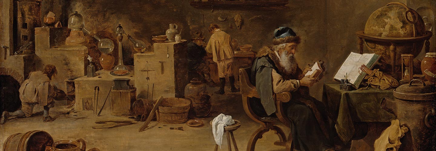 Oil painting of an seated alchemist reading in his workshop with two assistants