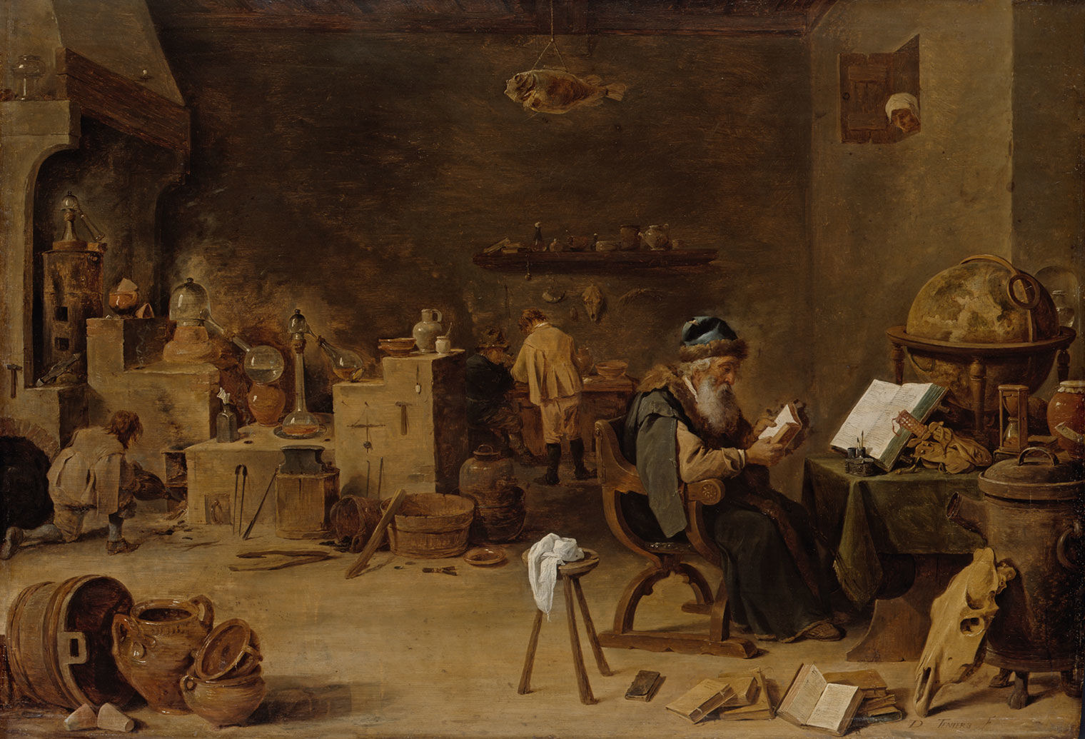Oil painting of an seated alchemist reading in his workshop with two assistants