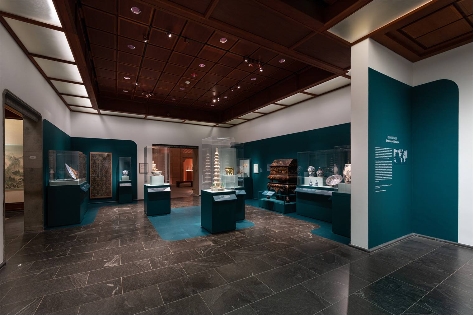 A view of the Asian Art Galleries, with cases displaying objects made for transnational trade