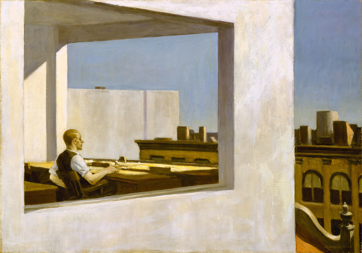 A painting of a man seen through the window of an office building