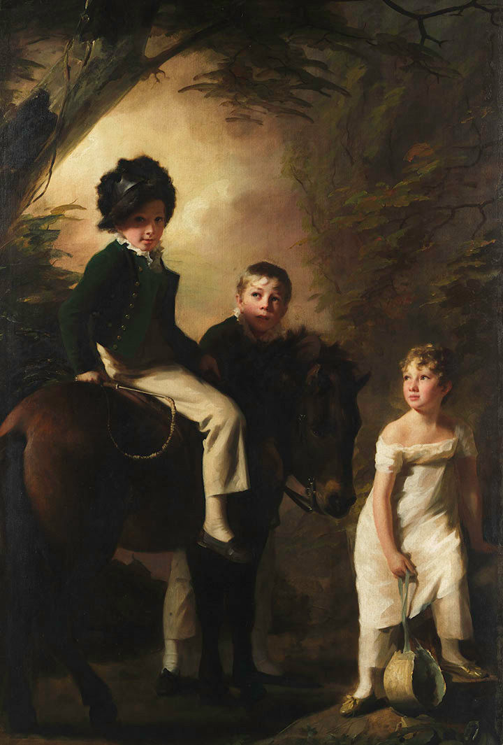 An oil painting of three children: two boys in dark clothes, one riding a horse; and one girl in a white dress.