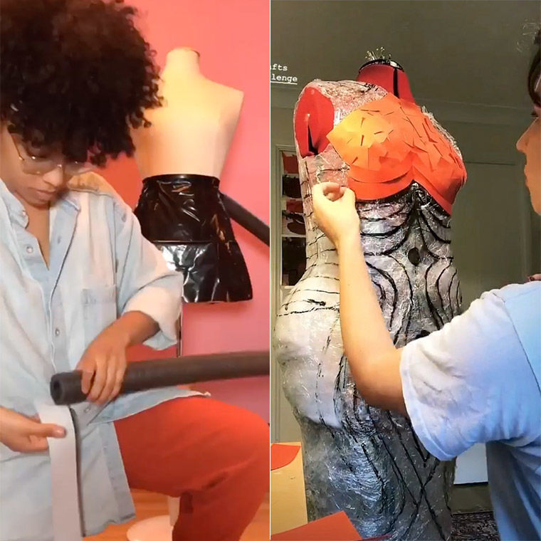 Composite image of two women DIY’ing dresses; on the left a woman kneels on one leg in front of her dress-making form while wrapping tape around a grey styrofoam tube; on the right a woman applies red paper cut-outs to the bodice of a dress form.