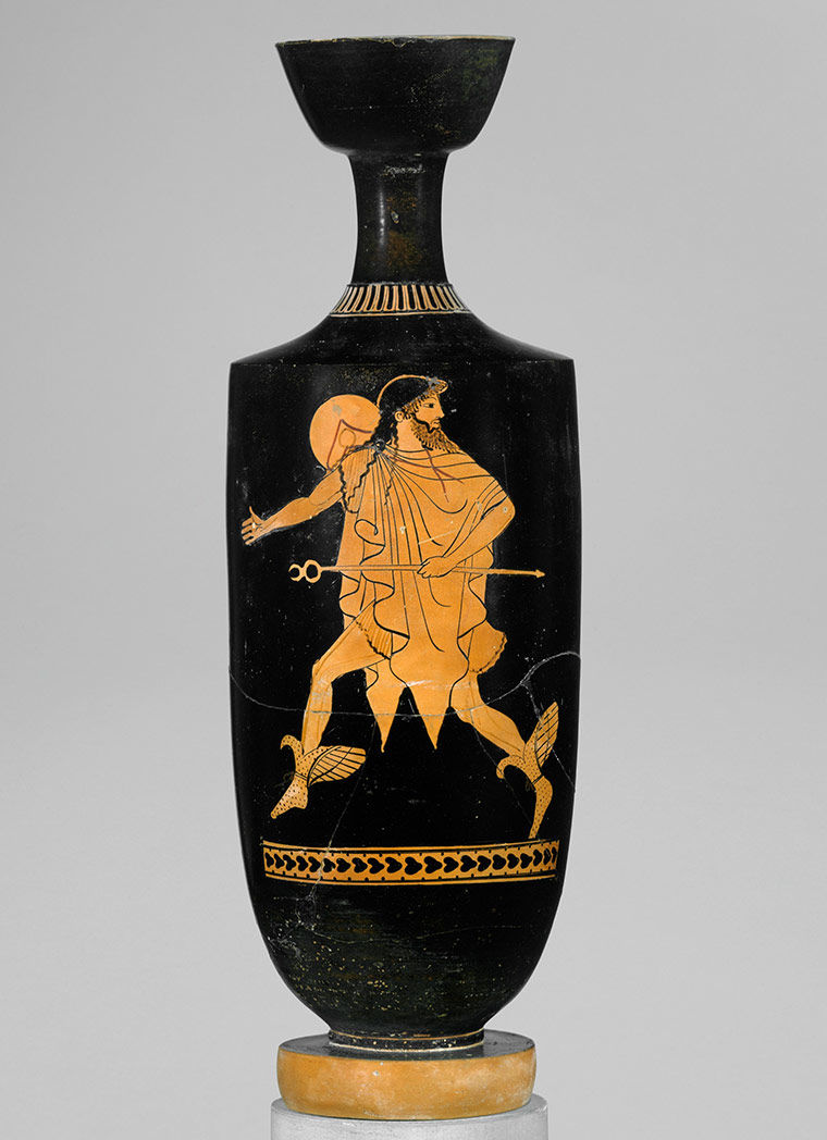 A long black terracota vase with the figure of a running man in light orange 