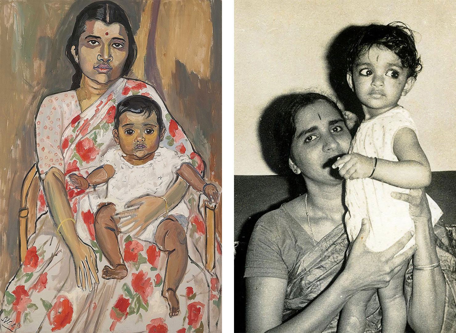 Left: A Painting of a woman in a red sari holding a child. Right: A black-and-white photograph of a woman in a sari holding a child