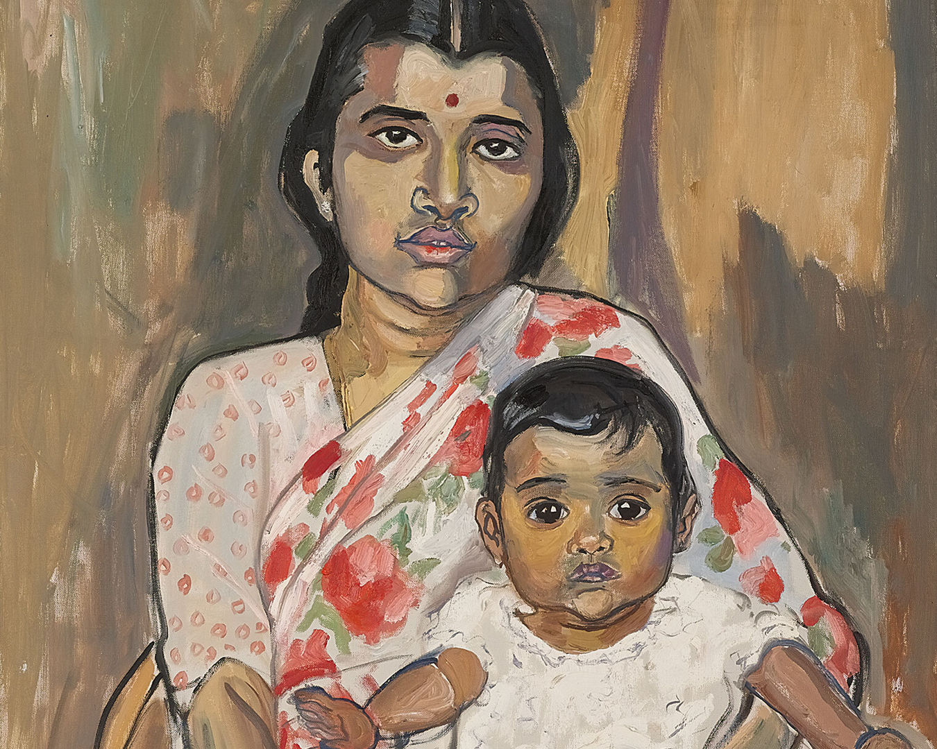 A painting of an Indian woman wearing a sari and holding a child