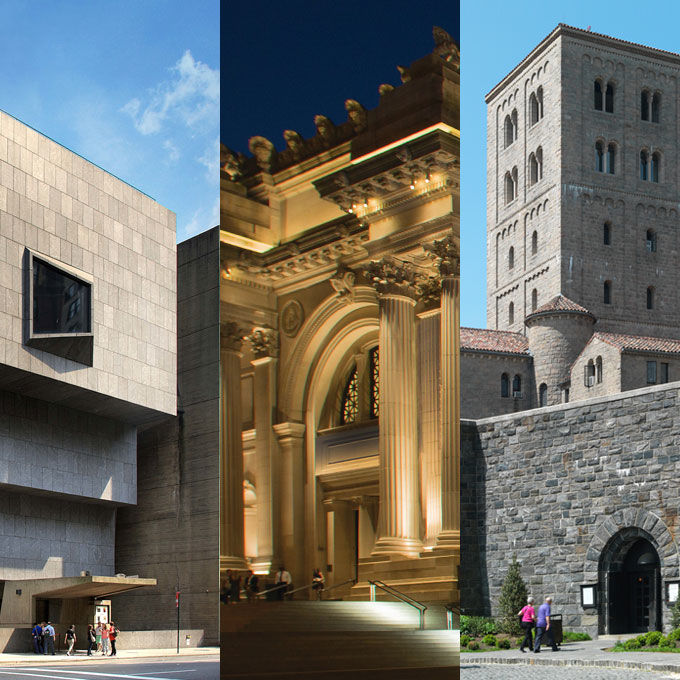 Views of The Met's three campuses: The Met Breuer, The Met Fifth Avenue, and The Met Cloisters
