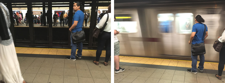 A view of man with a blue shirt waiting for the train next to a view of the train passing the same man