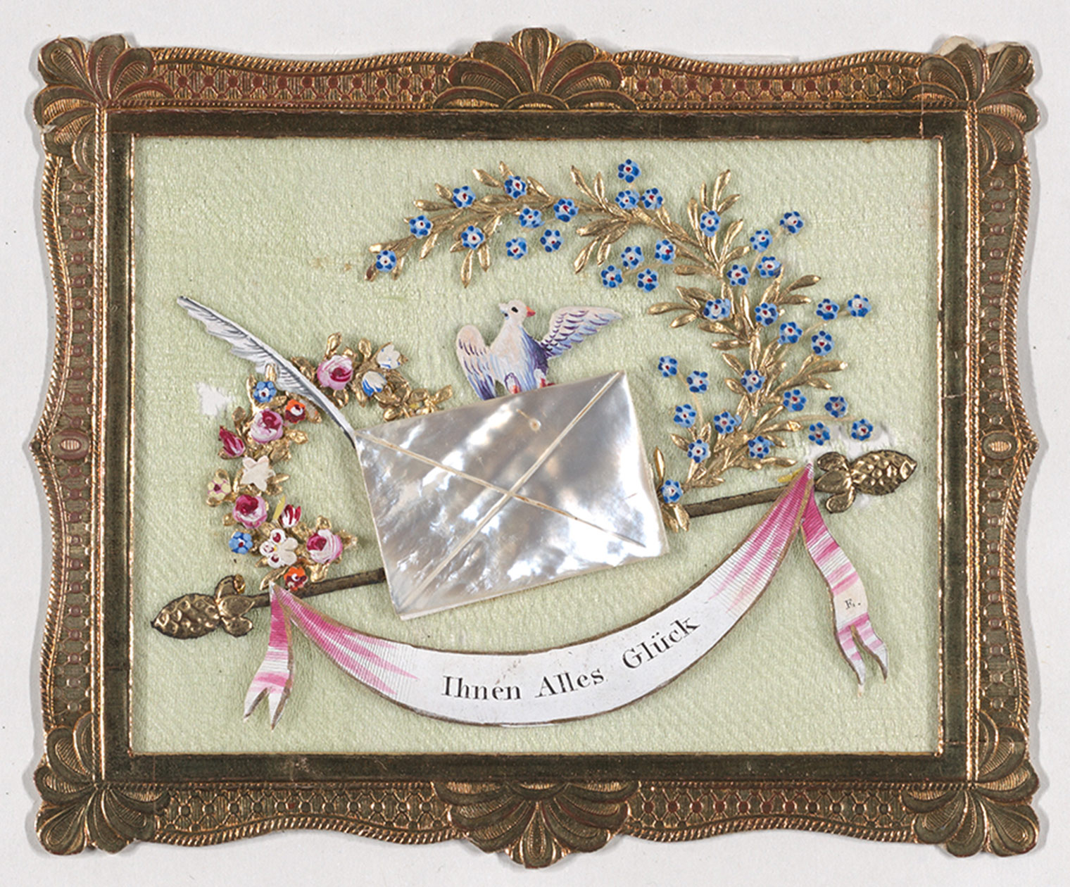 Collaged greeting card depicting a dove holding an envelope with a quill surrounded by sprays of flowers.