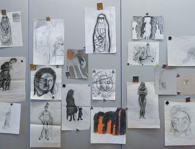 Magnet board with sketches of museum objects by teenagers