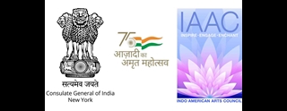 Three logos side by side; one black and white drawing of three lions, the center one has the number 75 with orange, white, and green curving lines, the third is a purple and blue lotus with IAAC at the top
