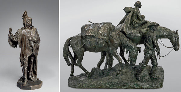 Left: John Quincy Adams Ward (American, 1830-1910). Indian Chief, ca. 1860. Right: Alexander Phimister Proctor (American, born Canada, 1860–1950). Pioneer Mother, 1925