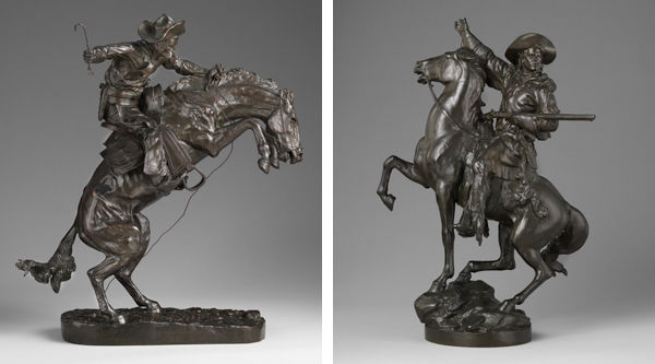 Frederic Remington (American, 1861–1909). The Broncho Buster, 1895, and Frederick Williams MacMonnies (American, 1863-1937). Kit Carson, ca. 1907-11