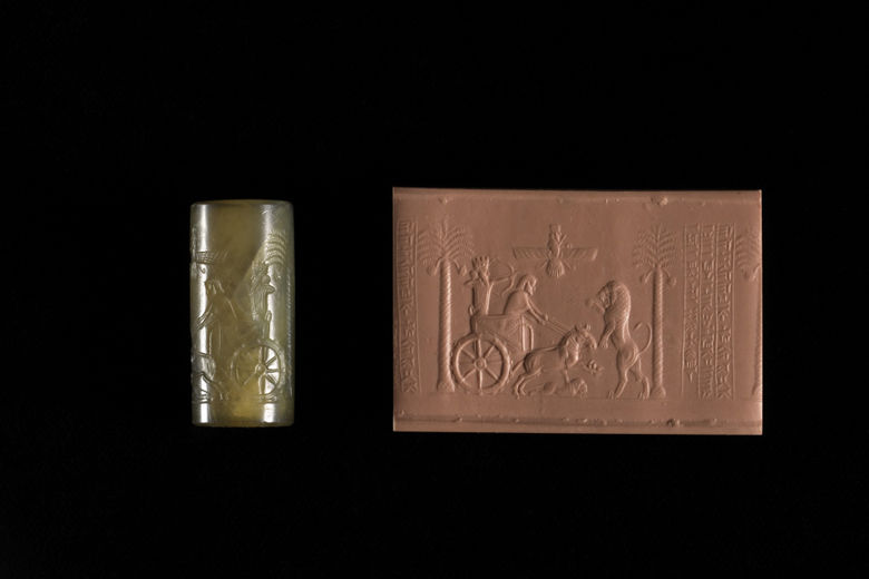 The Darius Cylinder Seal and modern impression showing the king in a chariot hunting lions
