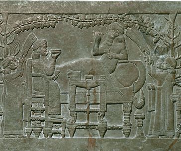 Banquet scene relief of Ashurbanipal (detail), ca. 645–635 B.C. Gypsum alabaster. Assyria, Nineveh, North Palace. British Museum, Middle East, 1856,0909.53, BM 124920