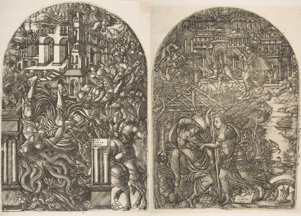 The Fall of Babylon and The Angel shows Saint John the New Jerusalem, from the Apocalypse. Jean Duvet, 1485-1561. Engraving. The Metropolitan Museum of Art, New York, Purchase, Harris Brisbane Dick Fund, 1925 (25.2.85 and 25.2.89)