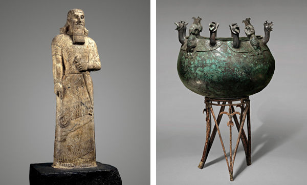 Left: Statue of Ashurnasirpal II; Right: Cauldron and stand