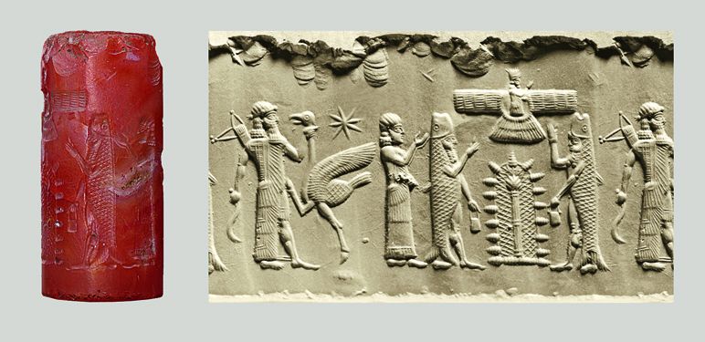 Cylinder seal: Hero with bow and quiver grasping ostrich