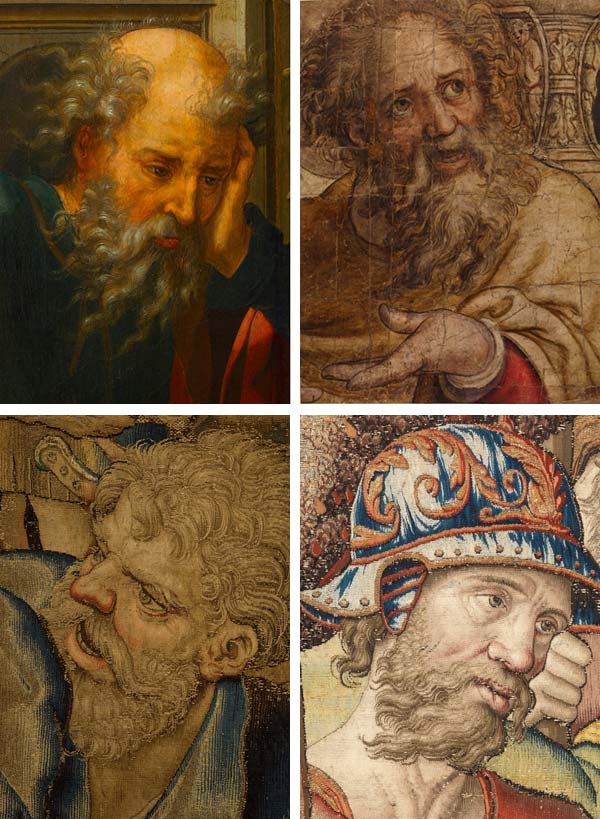 Details of faces in four different tapestries