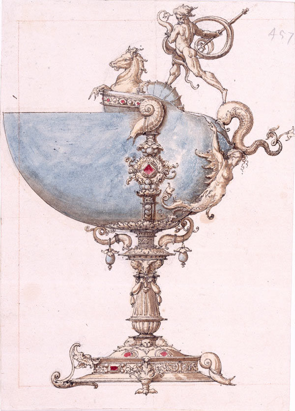 Design for a Nautilus Cup with Neptune Riding a Hippocampus