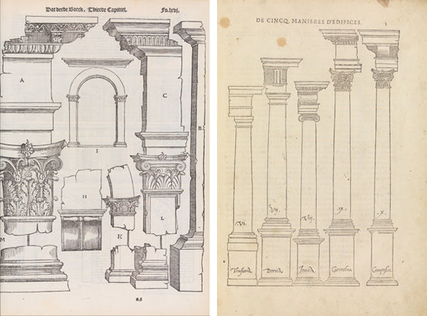Left: Reigles generales de l'Architecture, sur les cincq manieres d'edifices. Right: Diagram of column types