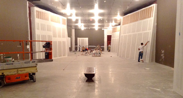 View of the gallery under construction with the walls being built