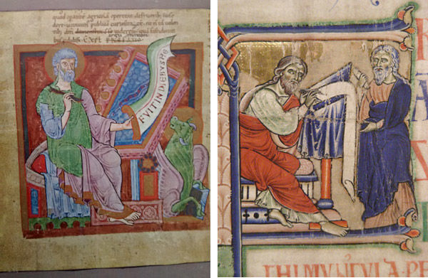 Left: Miniature from a Latin Bible: St. Luke, c. 1100. France, Burgundy, Abbey of Cluny, early 12th century. Ink, tempera, and gold on vellum; 6 ¾ x 6 5/16 in. (17.30 x 16.10 cm.) The Cleveland Museum of Art. (1968.190). Right: (detail) The Winchester Bible's opening initial. 