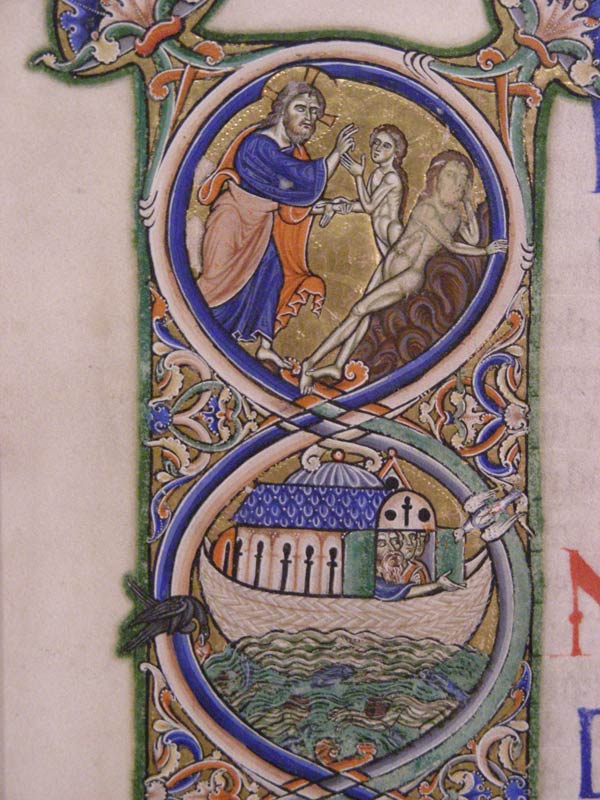 God creates Eve and Noah's ark. The Winchester Bible: Opening for the Book of Genesis: In Principio (5r); Opening for the Book of I Samuel (Book of Kings): Fuit (88r); Opening for the Book of 2 Samuel (Book of Kings): Factum (99v) (detail), ca 1150–80. Made in Winchester, England. Tempera and gold leaf on parchment; 23 9/16 x 16 9/16 x 2 3/8 in. (59.9 x 42.1 x 6.1 cm). Opening: 23 9/16 x 27 1/2 in. (59.9 x 69.9 cm). Lent by the Chapter of Winchester Cathedral 