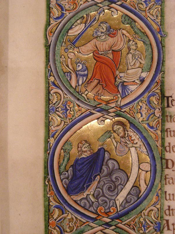 The Sacrifice of Isaac by Abraham and Moses receiving the Tablets of the Law. The Winchester Bible: Opening for the Book of Genesis: In Principio (5r); Opening for the Book of I Samuel (Book of Kings): Fuit (88r); Opening for the Book of 2 Samuel (Book of Kings): Factum (99v) (detail), ca 1150–80. Made in Winchester, England. Tempera and gold leaf on parchment; 23 9/16 x 16 9/16 x 2 3/8 in. (59.9 x 42.1 x 6.1 cm). Opening: 23 9/16 x 27 1/2 in. (59.9 x 69.9 cm). Lent by the Chapter of Winchester Cathedral 