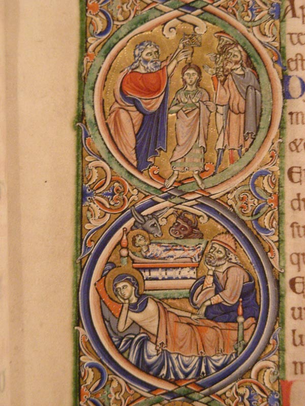 Samuel anoints David and the Nativity. The Winchester Bible: Opening for the Book of Genesis: In Principio (5r); Opening for the Book of I Samuel (Book of Kings): Fuit (88r); Opening for the Book of 2 Samuel (Book of Kings): Factum (99v) (detail), ca 1150–80. Made in Winchester, England. Tempera and gold leaf on parchment; 23 9/16 x 16 9/16 x 2 3/8 in. (59.9 x 42.1 x 6.1 cm). Opening: 23 9/16 x 27 1/2 in. (59.9 x 69.9 cm). Lent by the Chapter of Winchester Cathedral 