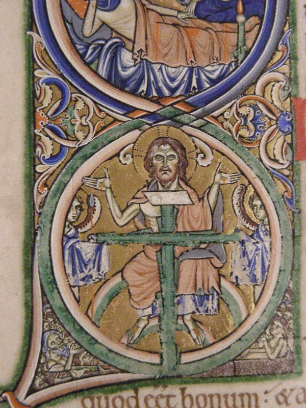 Christ in Majesty. The Winchester Bible: Opening for the Book of Genesis: In Principio (5r); Opening for the Book of I Samuel (Book of Kings): Fuit (88r); Opening for the Book of 2 Samuel (Book of Kings): Factum (99v) (detail), ca 1150–80. Made in Winchester, England. Tempera and gold leaf on parchment; 23 9/16 x 16 9/16 x 2 3/8 in. (59.9 x 42.1 x 6.1 cm). Opening: 23 9/16 x 27 1/2 in. (59.9 x 69.9 cm). Lent by the Chapter of Winchester Cathedral 