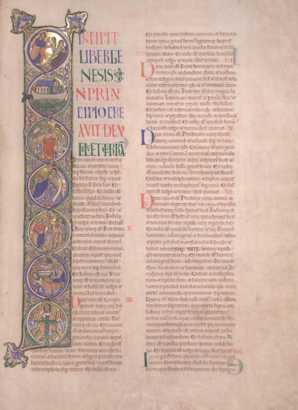 The Winchester Bible: Opening for the Book of Genesis: In Principio (5r), ca 1150–80. Made in Winchester, England. Tempera and gold leaf on parchment; 23 9/16 x 16 9/16 x 2 3/8 in. (59.9 x 42.1 x 6.1 cm). Opening: 23 9/16 x 27 1/2 in. (59.9 x 69.9 cm). Lent by the Chapter of Winchester Cathedral