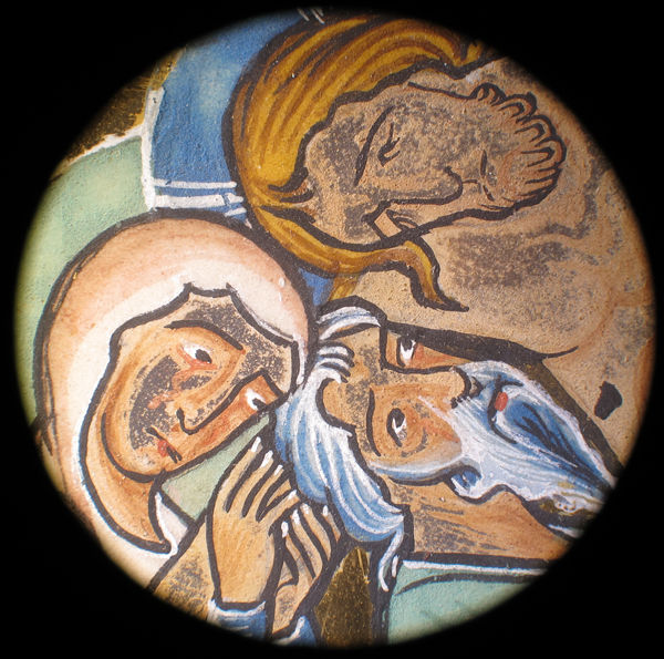 Figure 8. The work before treatment (x100 photomicrograph detail). Manuscript Leaf with the Deposition, from a Psalter (detail), mid-13th century. German. Tempera, ink, gold, and silver on parchment; Overall (folio): 6 5/16 x 4 11/16 in. (16.1 x 11.9 cm) Illumination: 5 11/16 x 4 1/8 in. (14.5 x 10.5 cm) Mat: 12 x 10 in. (30.5 x 25.4 cm). The Metropolitan Museum of Art, New York, Fletcher Fund, 1925 (25.204.2)