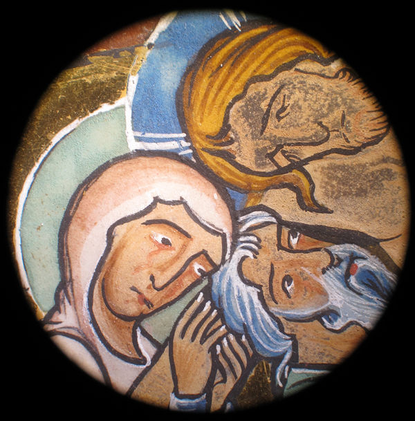 Figure 9. The work during treatment. The blackened lead sulfide is being converted to white-form lead sulfate (x100 photomicrograph detail). Manuscript Leaf with the Deposition, from a Psalter (detail), mid-13th century. German. Tempera, ink, gold, and silver on parchment; Overall (folio): 6 5/16 x 4 11/16 in. (16.1 x 11.9 cm) Illumination: 5 11/16 x 4 1/8 in. (14.5 x 10.5 cm) Mat: 12 x 10 in. (30.5 x 25.4 cm). The Metropolitan Museum of Art, New York, Fletcher Fund, 1925 (25.204.2)